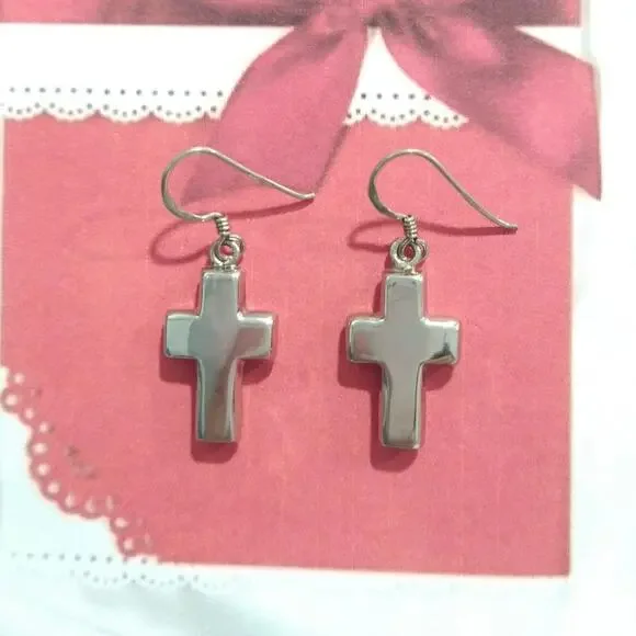 P 925 Sterling Silver Cross Dangle Drop Earrings Hook Signed Jewelry Lot - Picture 7 of 8